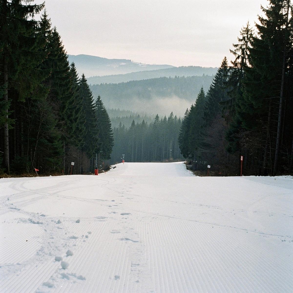 Groomed ski slope with fresh corduroy tracks in the Ukrainian Carpathians
