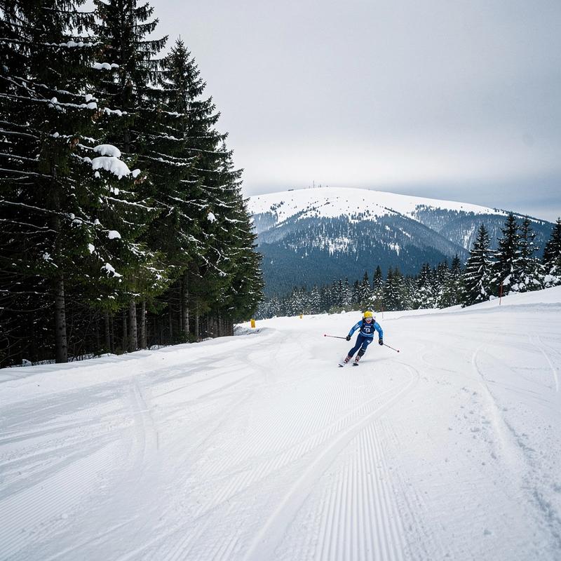 Skier on a groomed run beside a pine forest and snow-covered ridge at a Carpathian resort
